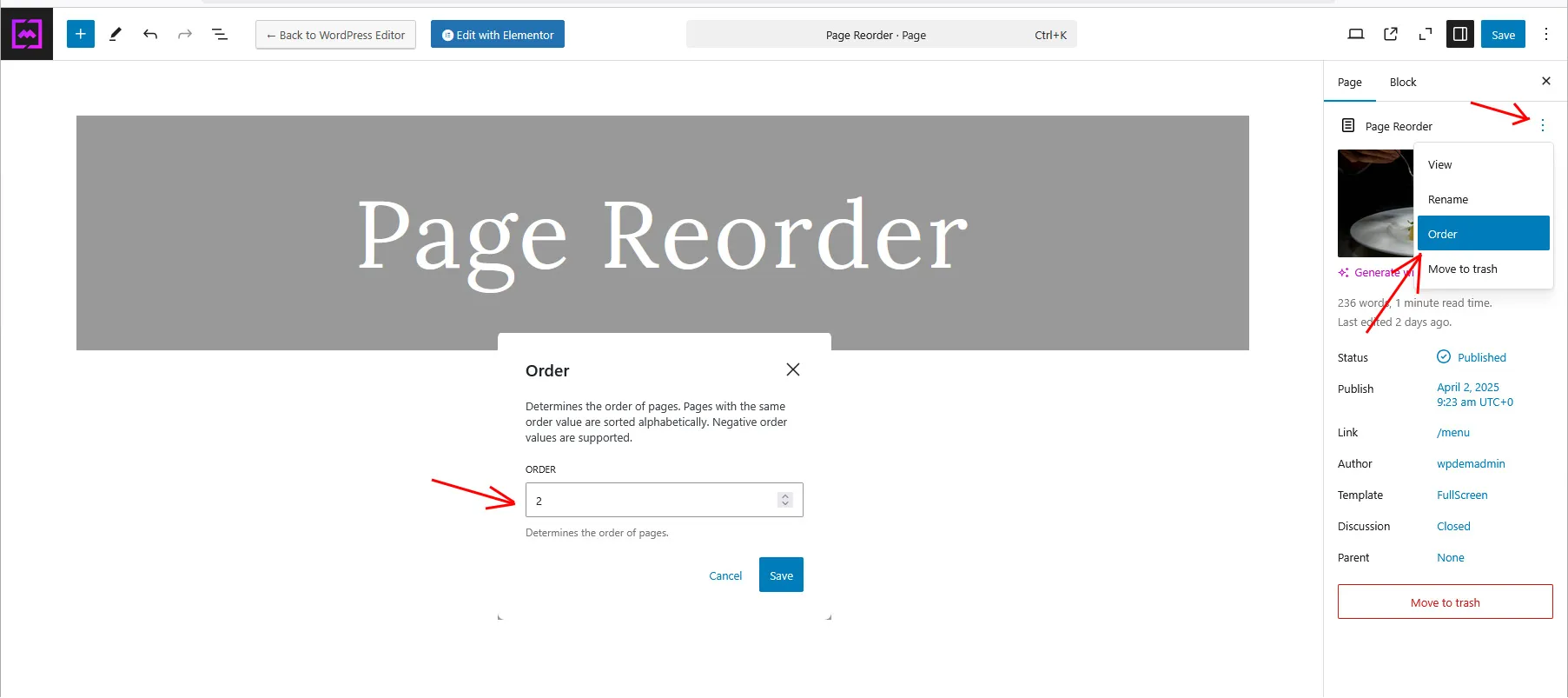 WordPress page reorder