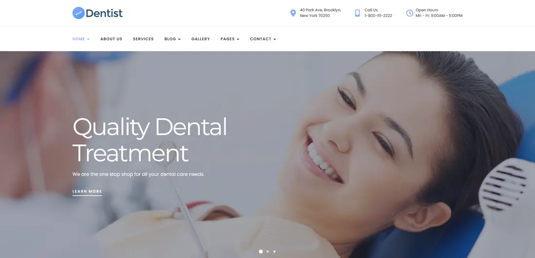 Dentist WordPress theme homepage for a dental clinic website
