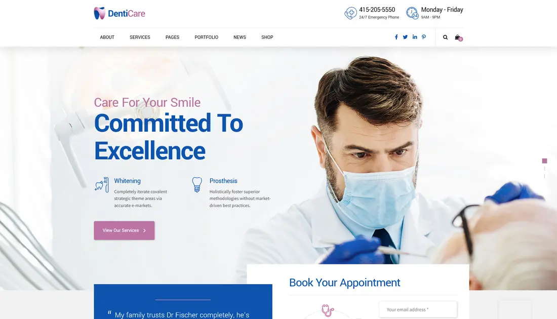 DentiCare dental clinic WordPress theme demo