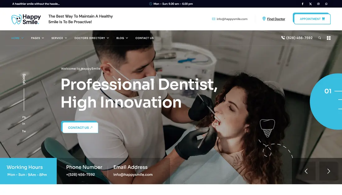 Happysmile dentist WordPress theme layout