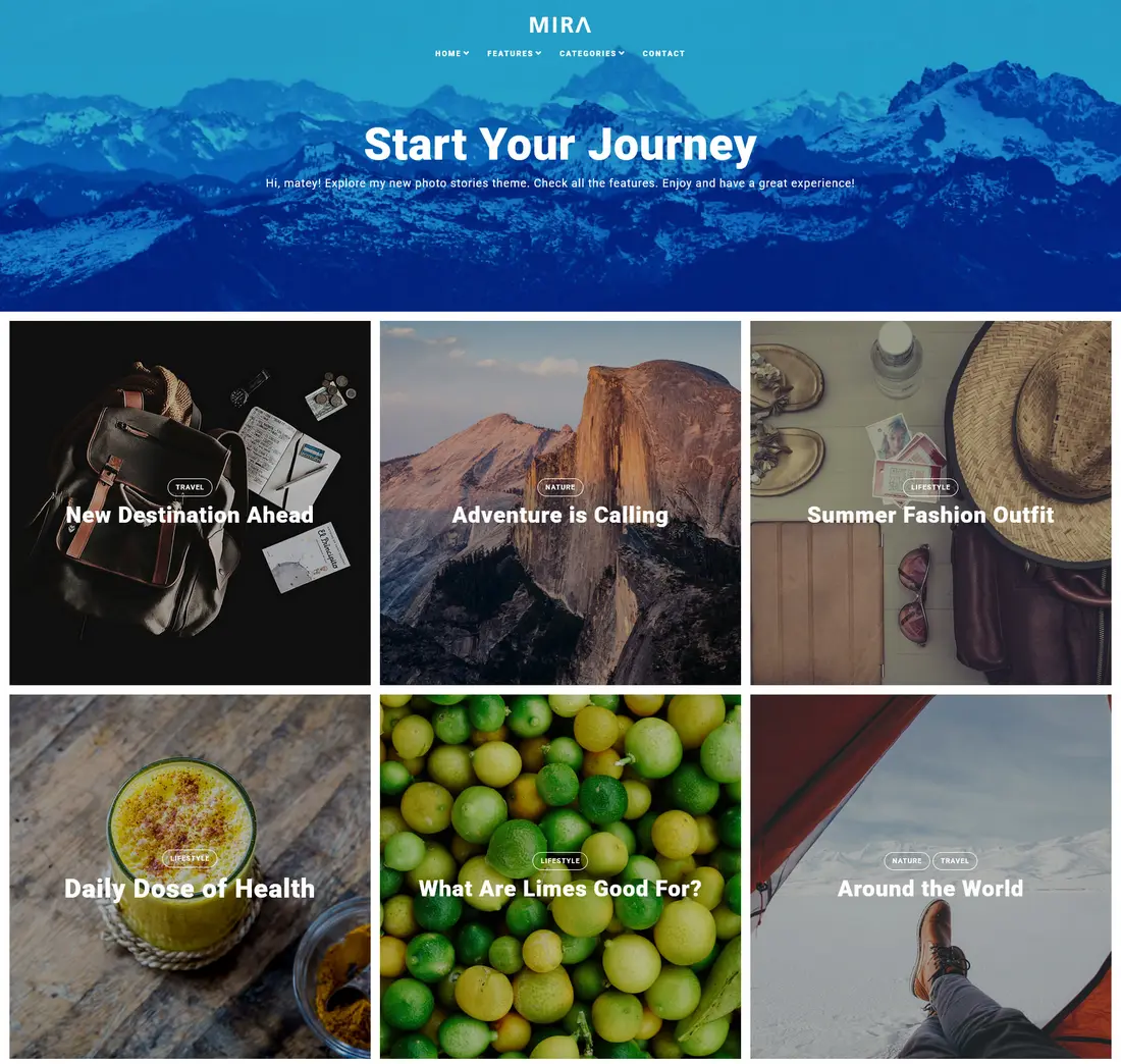 Mira travel blog WordPress theme for travel bloggers